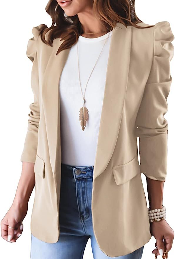 ROSKIKI Womens Casual Blazers Solid Long Puff Sleeve Open Front Jacket Cardigan Coat | Amazon (US)