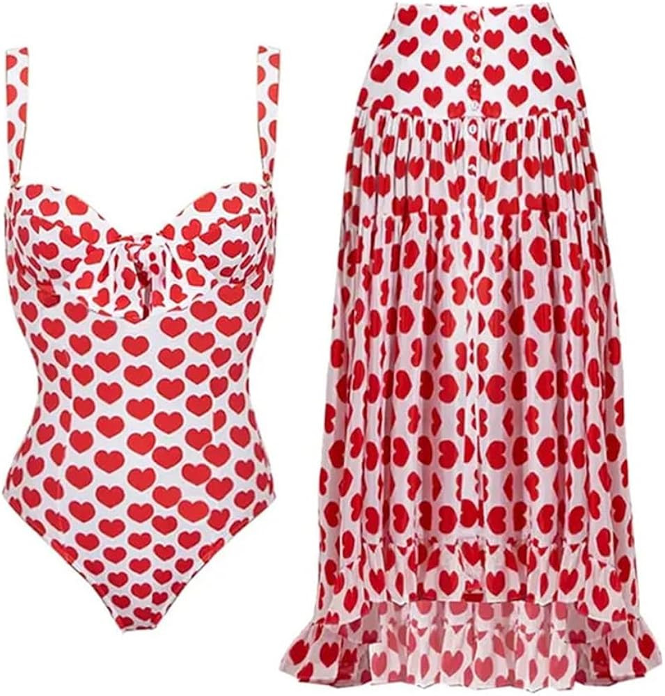 IMEKIS Womens 2 Piece Swimsuit with Cover Ups Set Retro Floral Print One Piece Swimwear Sarong Su... | Amazon (US)