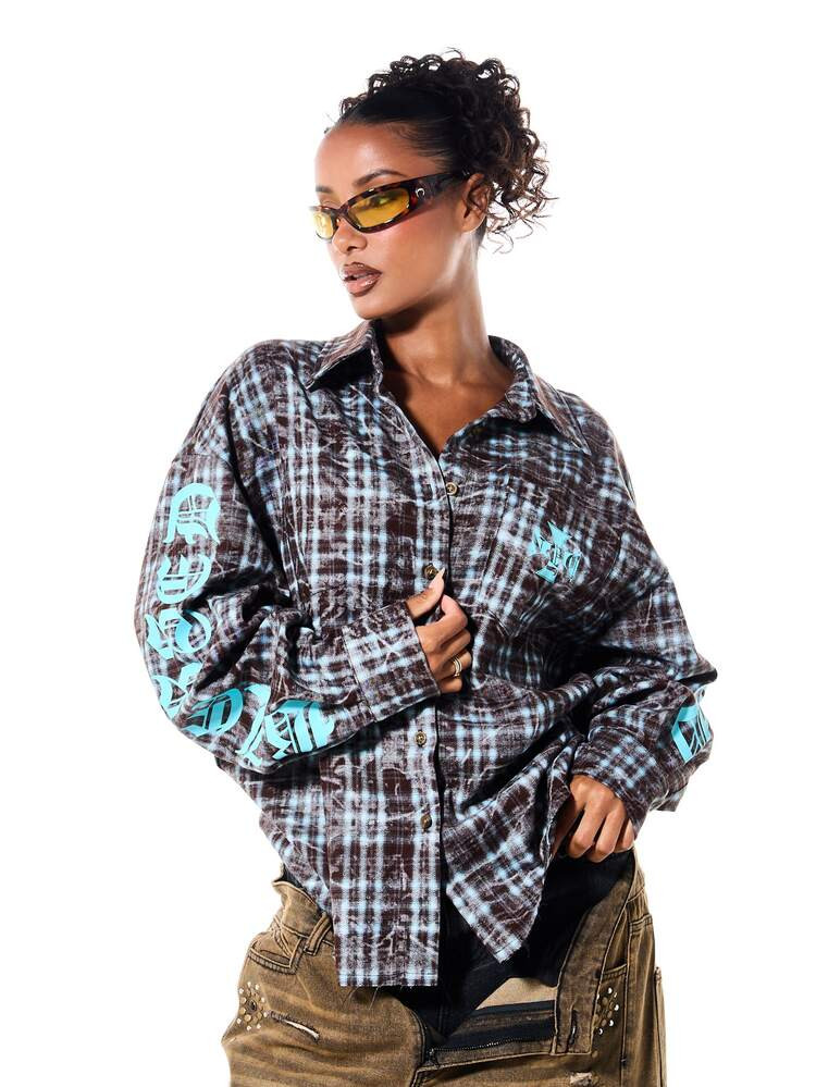 SUMWON WOMEN Oversized Plaid Flannel Shirt With Turquoise Iron Cross Back Graphic And Old English... | SHEIN