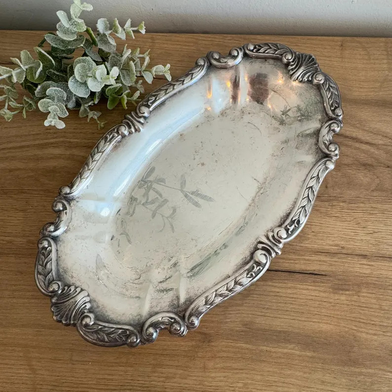 Vintage Silver Dish | Ornate Floral Tray | Silver Plated Vanity 13 1/2" Bowl | Shabby Chic Decor ... | Etsy (US)