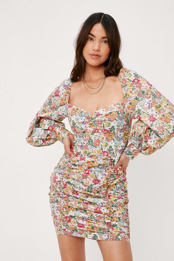 Floral Balloon Sleeve Ruched Mini Dress | Nasty Gal (US)