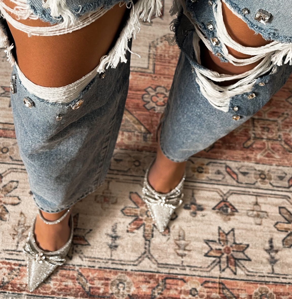 Crystal holiday bow heels + rhinestone denim mom jeans 

#LTKshoecrush #LTKstyletip #LTKHoliday