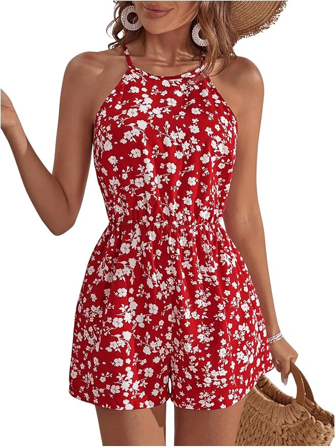 SweatyRocks Women's Allover Print Sleeveless Halter Jumpsuit High Waist Cami Romper with Pocket | Amazon (US)