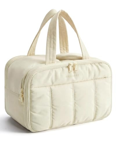 BAGSMART Travel Toiletry Bag, Puffy Large Toiletry Bag for Women, Lightweight Cosmetic Makeup Bag Organizer with Handle for Traveling, Accessories, Essentials, Toiletries （Beige | Amazon (US)