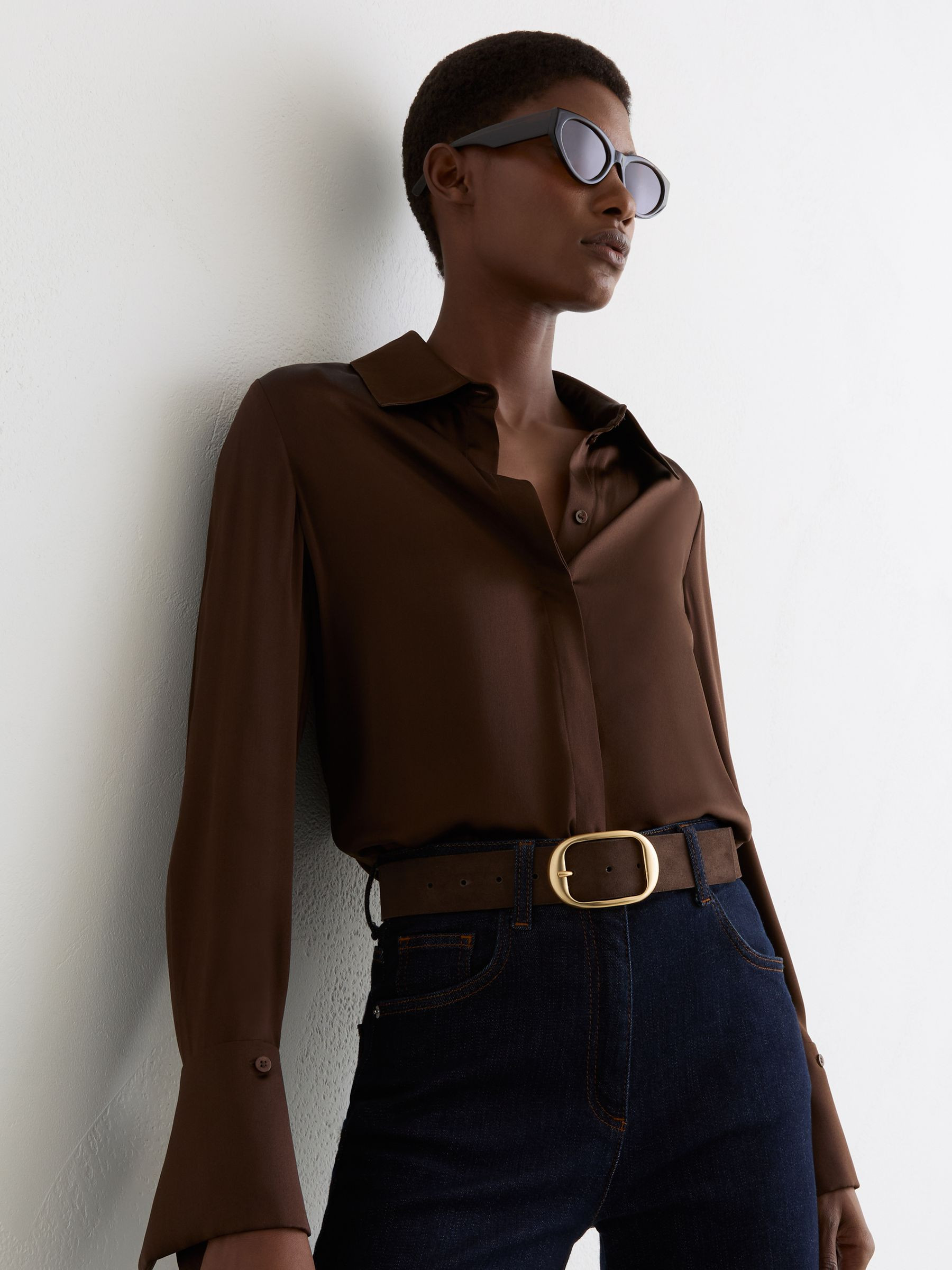 Reiss Suede Oval-Buckle Belt in Chocolate - REISS | Reiss UK