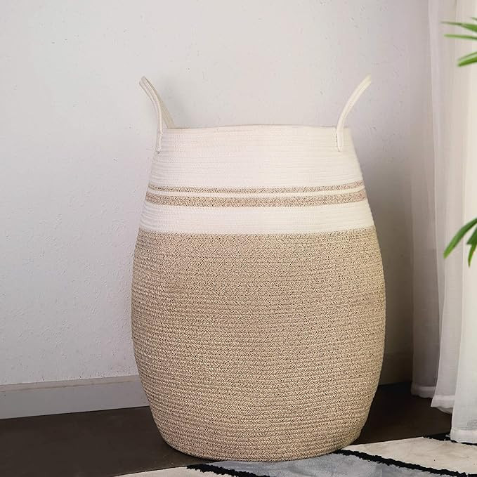 Large Woven Laundry Hamper,Bedroom Thickened Collapsible Tall Rope Dirty Clothes Basket,Round Rol... | Amazon (US)