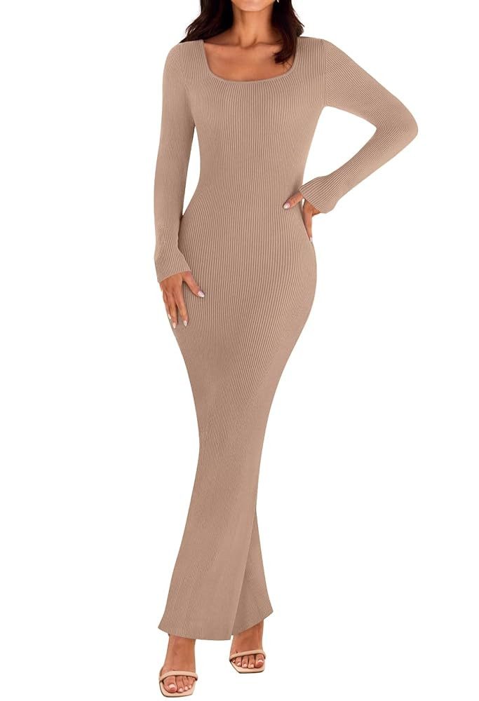 MEROKEETY Women's 2025 Fall Long Sleeve Bodycon Sweater Dress Square Neck Ribbed Knit Party Maxi ... | Amazon (US)