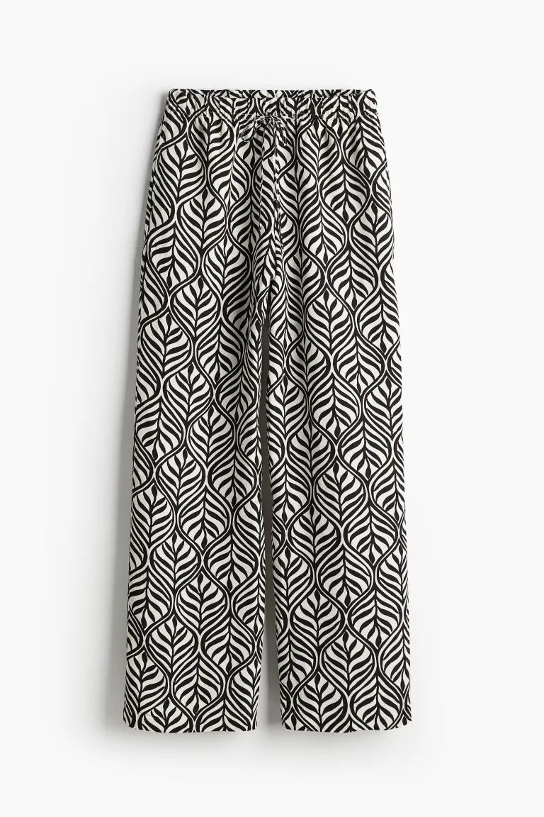 Linen-blend pull-on trousers - White/Black patterned - Ladies | H&M GB | H&M (UK, MY, IN, SG, PH, TW, HK)