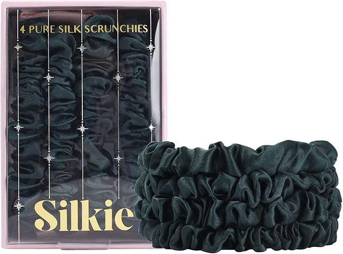 SILKIE x4 Set 100% Pure Mulberry Silk Brown Skinny Scrunchies Travel Pouch Everyday Hair Ties Ela... | Amazon (UK)