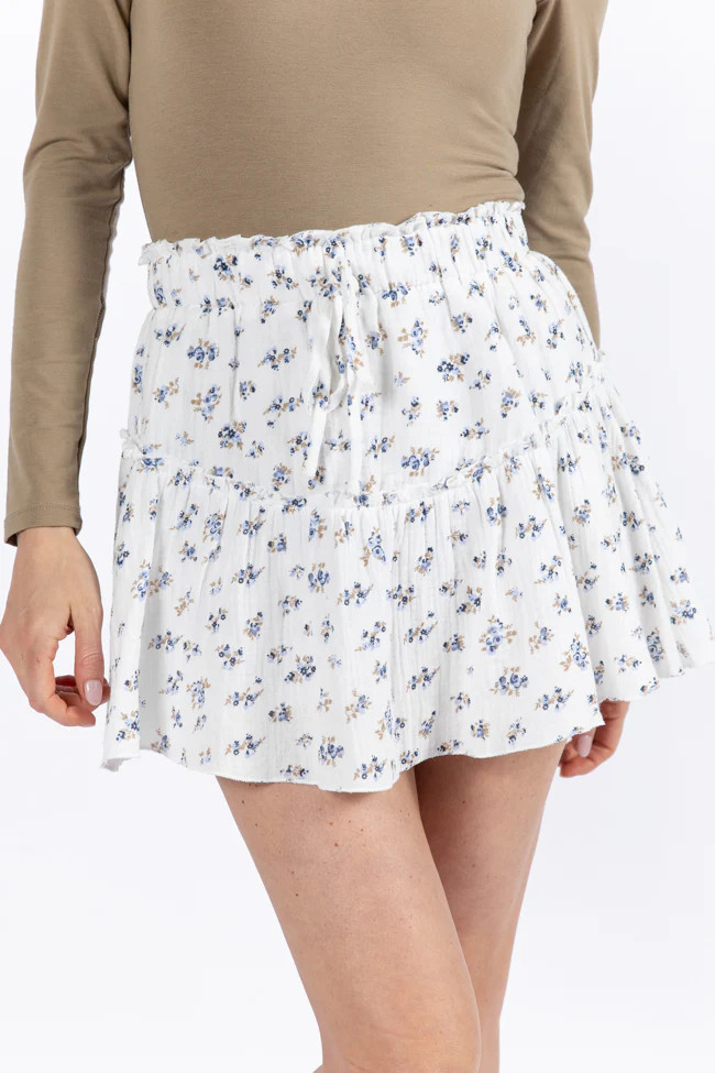 Garden Party Ivory and Blue Floral Print Gauze Skort | Pink Lily