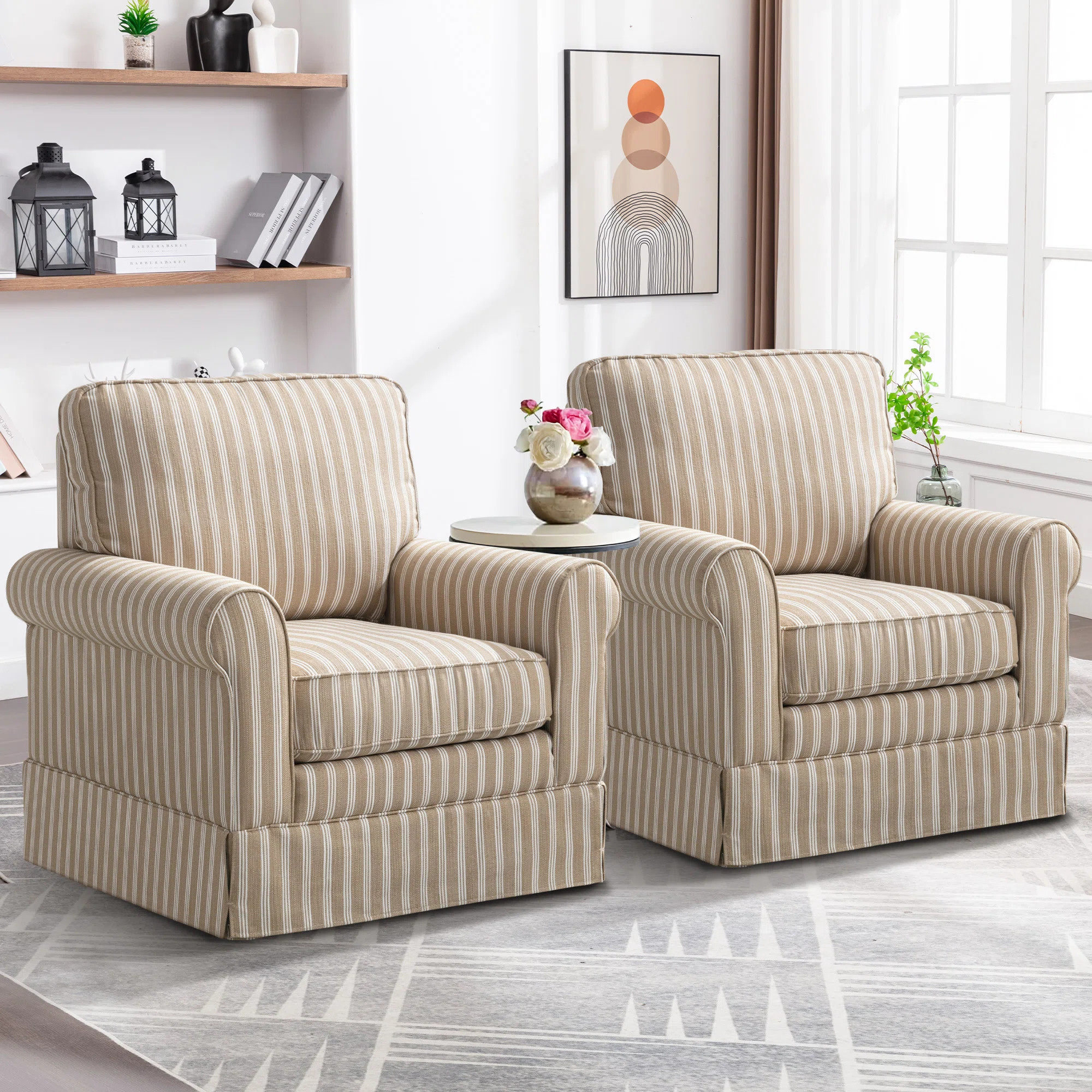 Eilzabeth 33.1" W Modern Soft Wide Upholstered Striped Swivel Arm Accent Chair (Set of 2) | Wayfair North America