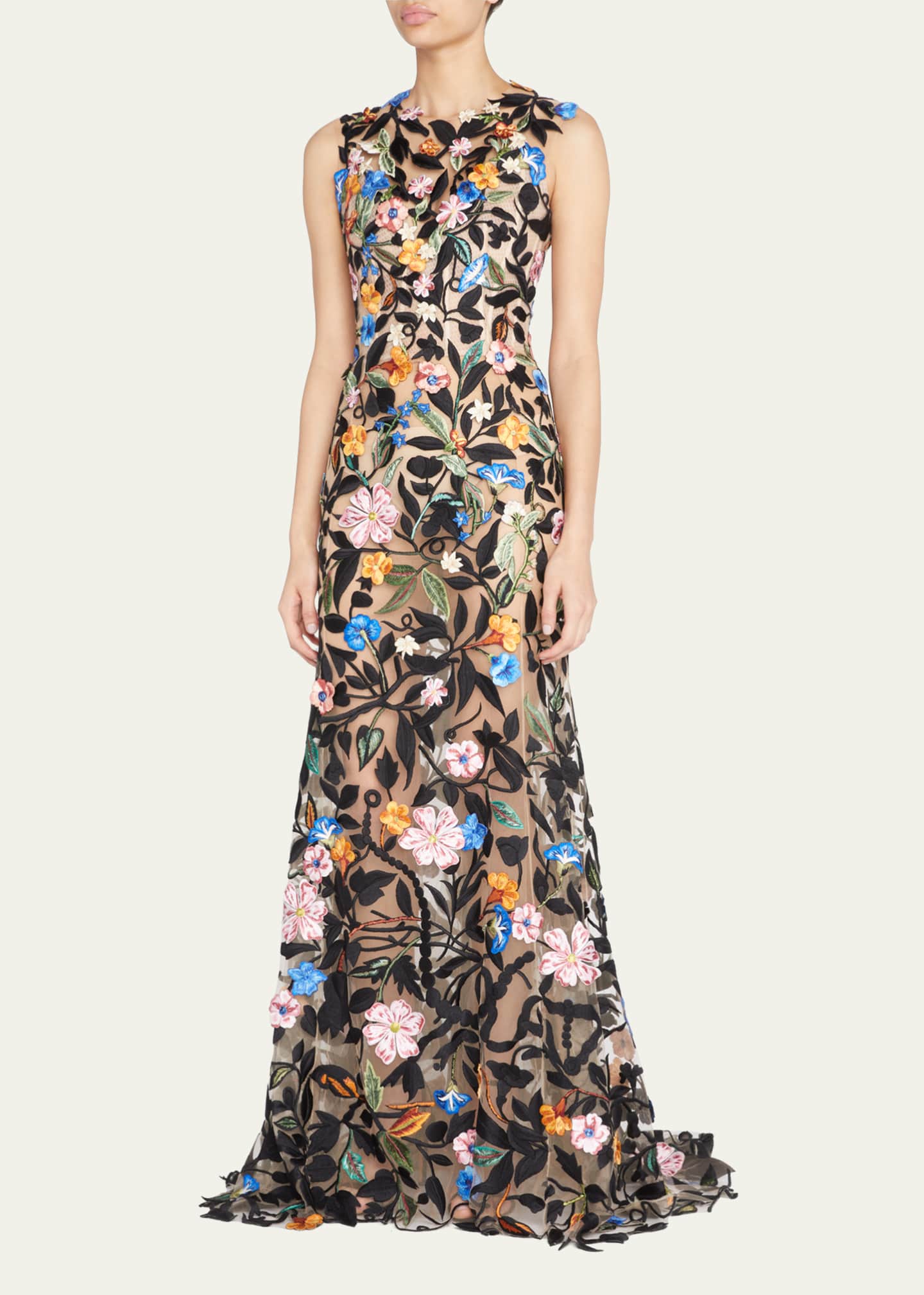 Oscar de la Renta Floral Embroidered Lace-Up Corset Illusion Gown | Bergdorf Goodman
