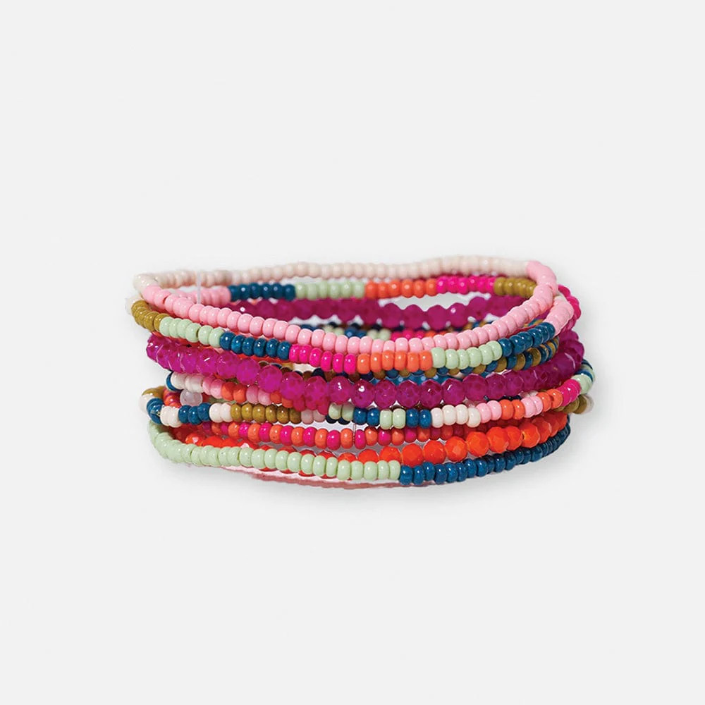 Sage Mixed Stripe Beaded 10 Strand Stretch Bracelets Rainbow | INK+ALLOY
