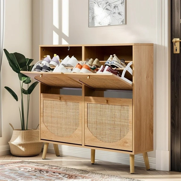 Rattan Shoe Cabinet with 4 Flip Drawers 24 Pairs,Narrow Shoe Storage Cabinet for Entryway, Bedroom, Living Room, Apartment, Natural