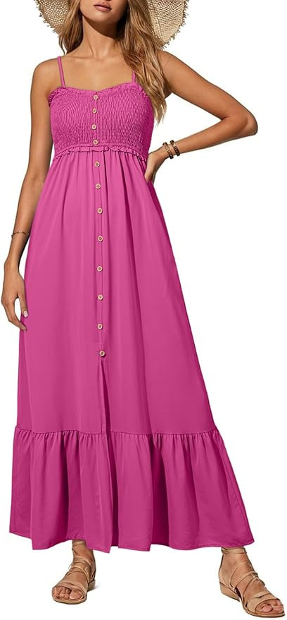 Dokotoo Womens Summer Dresses 2025 Sleeveless Spaghetti Strap Button Down Smocked Beach Vacation ... | Amazon (US)