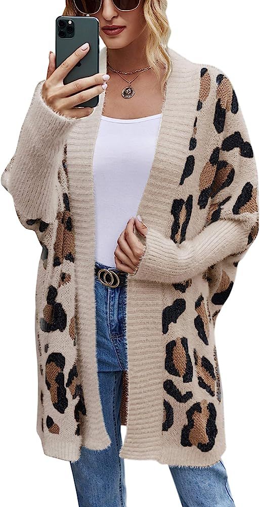 Angashion Women’s Cardigan Long Sleeves Open Front Leopard Print Knitted Sweater Outwear Coat | Amazon (US)