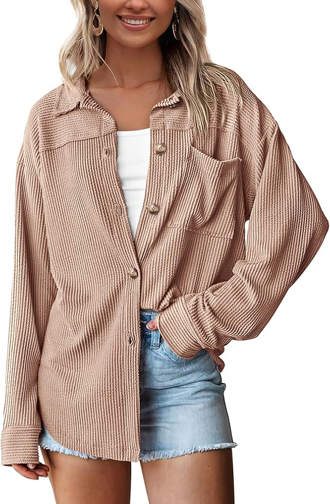PRETTYGARDEN Women’s Tops Button Down Shirts Fall Long Sleeve Shacket Jacket Loose Ribbed Knit ... | Amazon (US)