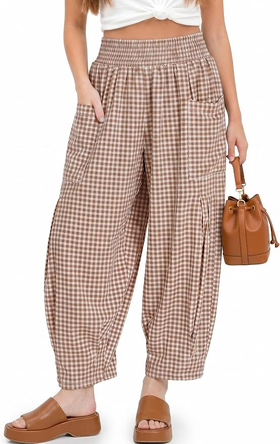 Girls Linen Harem Pants Kids Palazzo Gingham Trousers Elastic High Waist Plaid Wide Leg Bottoms w... | Amazon (US)