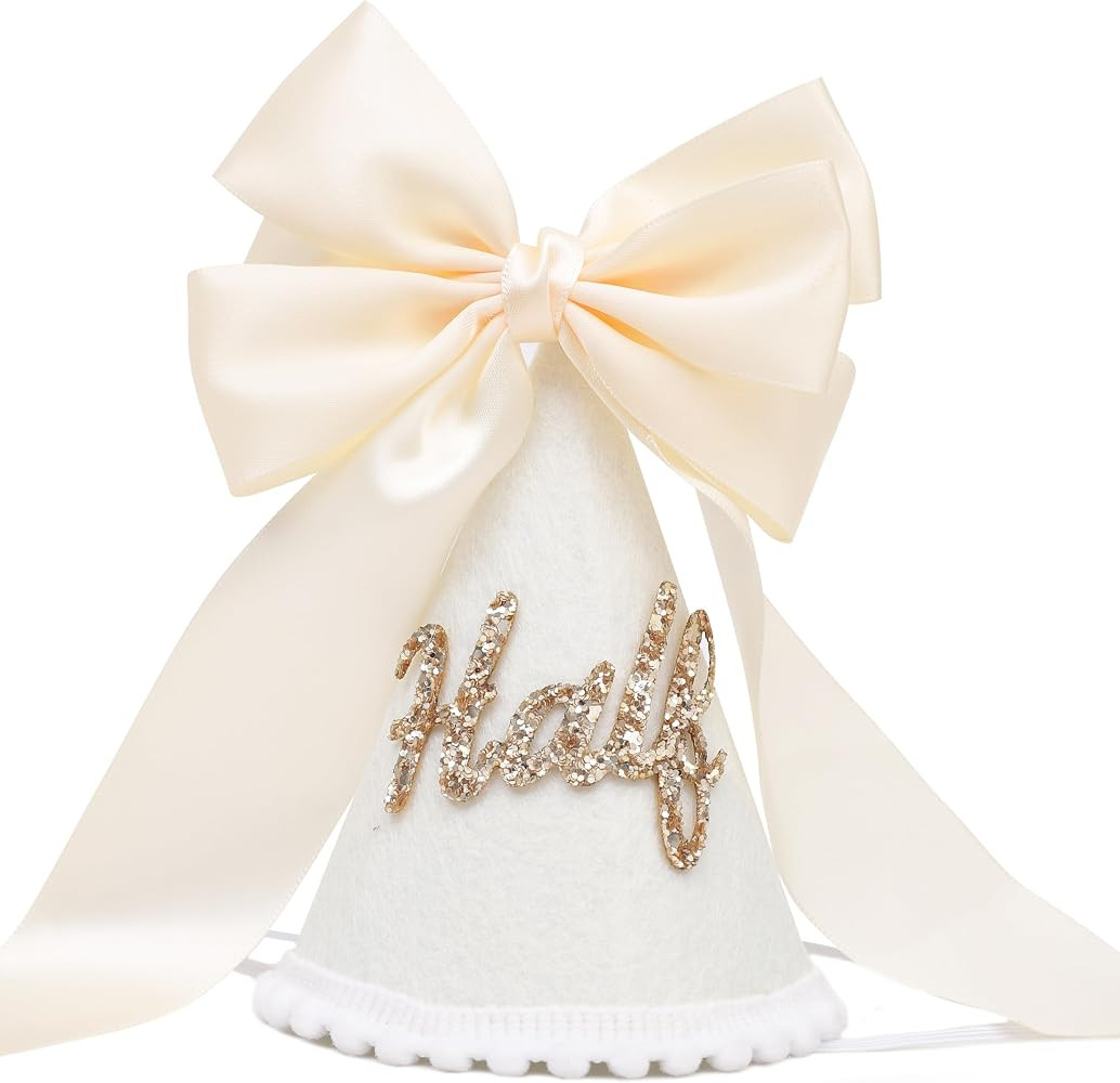 Boho Beige Bow Half Birthday hat-1/2 Birthday Decorations,Glitter Number Cone Hat,Princess Hat,Ph... | Amazon (US)