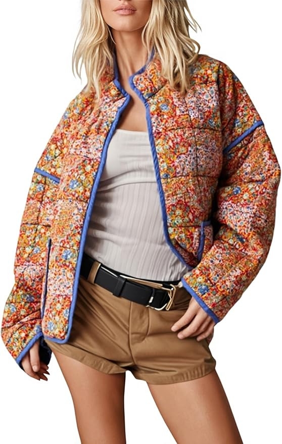 Omoone Women's Cropped Quilted Jacket Floral Printed LightWeight Padded Puffer Cardigan Coat Outw... | Amazon (US)