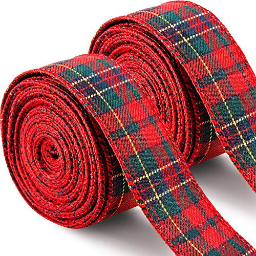 2 Rolls 20 Yards Christmas Plaid Burlap Ribbon Wired Edge Gingham Wrapping Ribbon Red and Green Plaid Ribbon for Xmas Tree Decoration DIY Floral Bows Craft Making, 1.5 Inch | Amazon (US)