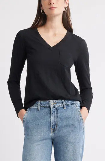 Caslon® Long Sleeve V-Neck T-Shirt in Black at Nordstrom Rack, Size X-Small | Nordstrom Rack