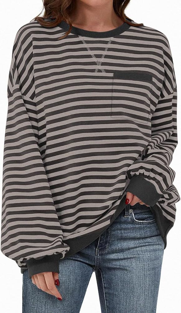 TARSE Oversized Crewneck Sweatshirt for Women Dropped Shoulders Striped Shirt Plain Pullover Ladi... | Amazon (US)