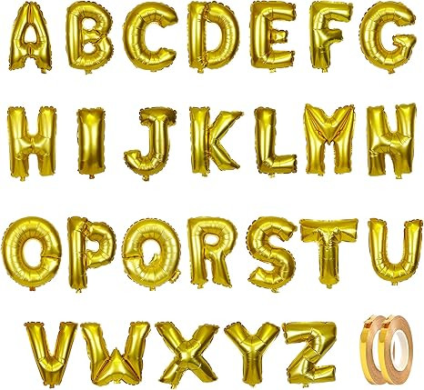 16" A-Z 26 Letters Gold Foil Mylar Balloons with 2 Rolls Ribbon Mega Pack, Aluminum Hanging Foil ... | Amazon (US)