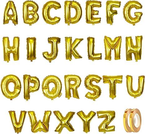 16" A-Z 26 Letters Gold Foil Mylar Balloons with 2 Rolls Ribbon Mega Pack, Aluminum Hanging Foil ... | Amazon (US)