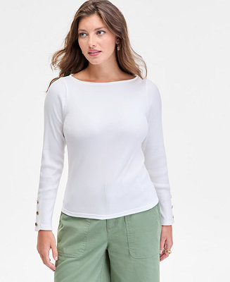 On 34th Women's Button-Cuff Boatneck Top, XXS-4X, Macy's Exclusive - Macy's | Macy's