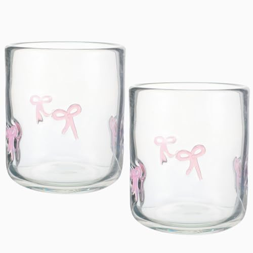 Skylety 2 Pack Bow Icon Juice Glass Coquette Bow Aesthetic Cup 14 ounce Double Old Fashioned Icon Handblown Cocktail glasses for Women Friend Party(Pink) | Amazon (US)
