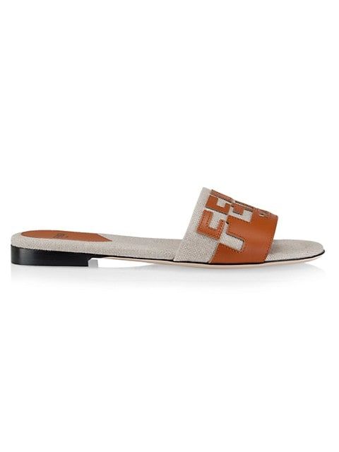 Fendi Canvas &amp; Leather Logo Slide Sandals | Saks Fifth Avenue