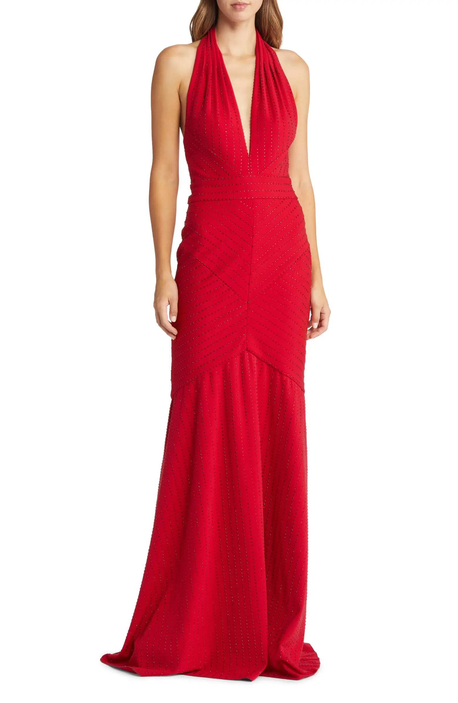 Tadashi Shoji Sequin Stud Plunge Halter Neck Gown | Nordstrom | Nordstrom
