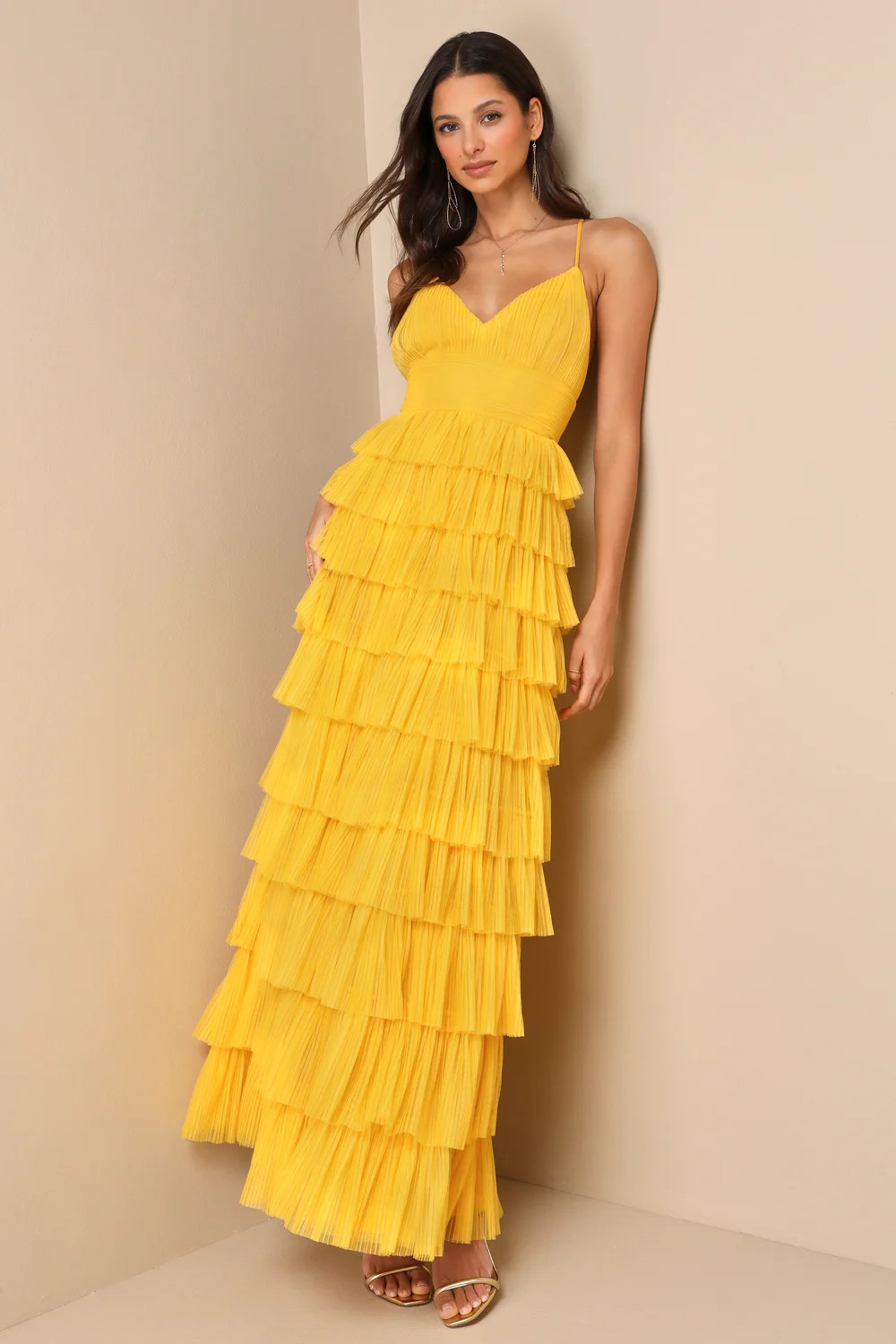 Radiant Event Yellow Mesh Tiered Ruffled Backless Maxi Dress | Lulus