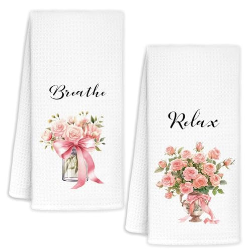 YTRGI Pink Spring Rose Floral Hand Towels Set of 2, Floral Bathroom Decor, Pink Flower Spring Decorative Hand Towels for Girls Bathroom Washroom, Rustic Flower Kitchen Towels, 16x24 Inch | Amazon (US)