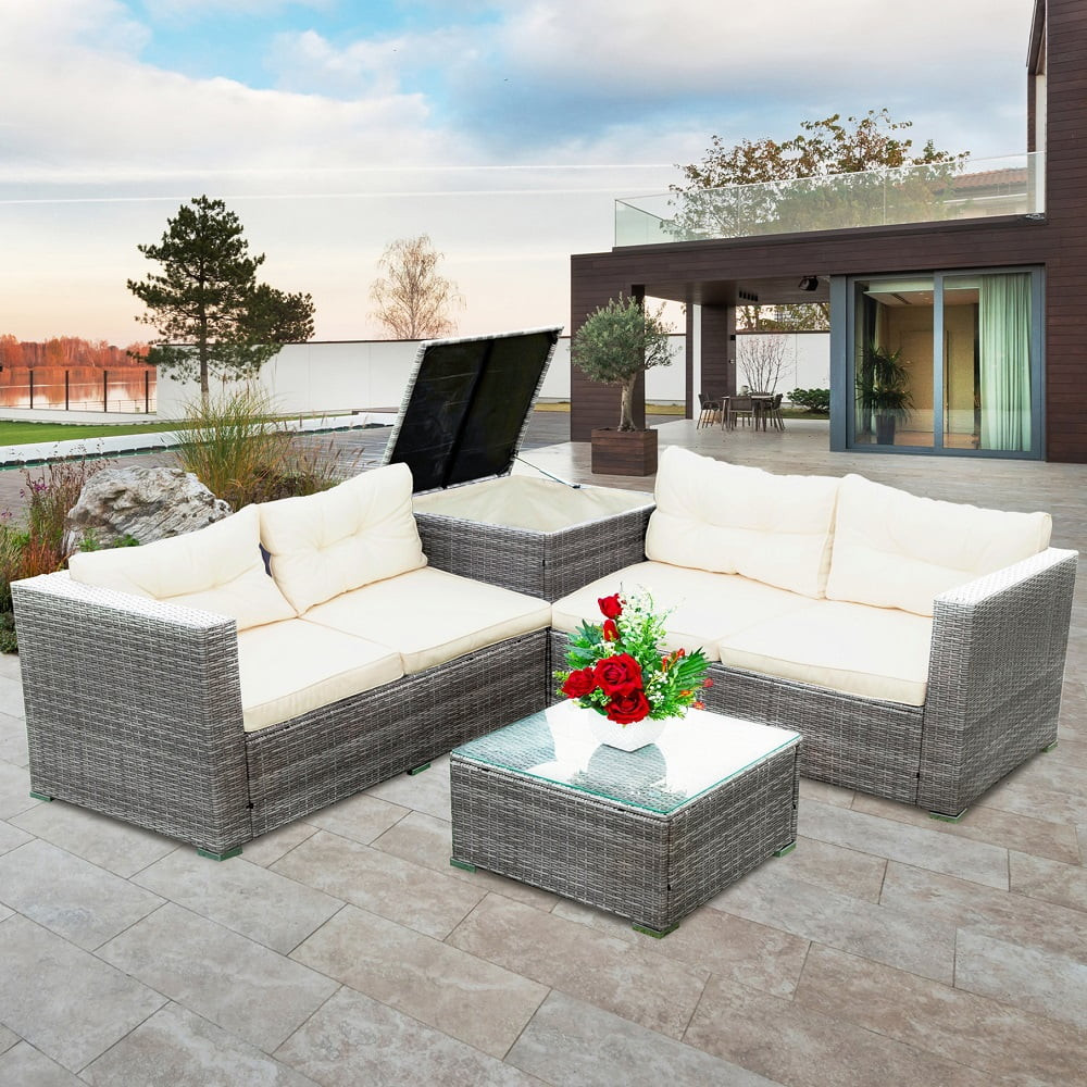 Rattan Wicker Patio Furniture, 4 Piece Outdoor Conversation Set with Storage Ottoman, All-Weather... | Walmart (US)