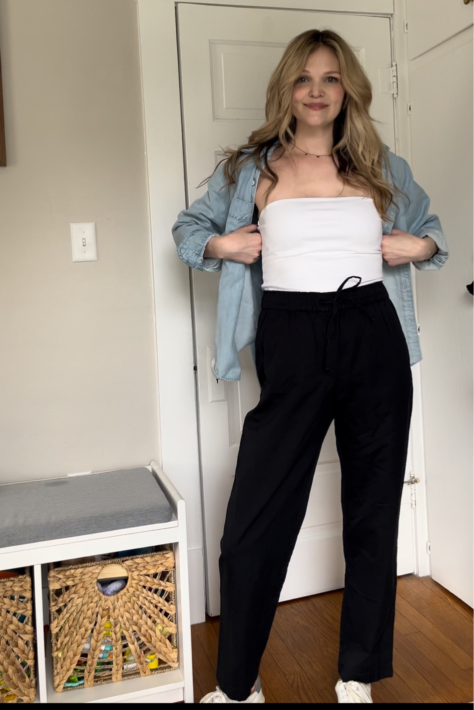 Perfect denim shirt! Can be worn just as the shirt, or over something like this! 

Obsessed with these pants from gap! Very comfy, but look so cute! 

wearing size small in the tops. And small tall in the pants (I’m 5’7 but long legged). 

#LTKbaby #LTKkids #LTKfamily