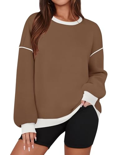 ZESICA Sweatshirts for Women Casual Long Sleeve Crewneck Contrast Color Oversized Pullover Tops 2024 Fall Clothes,Brown,Medium | Amazon (US)