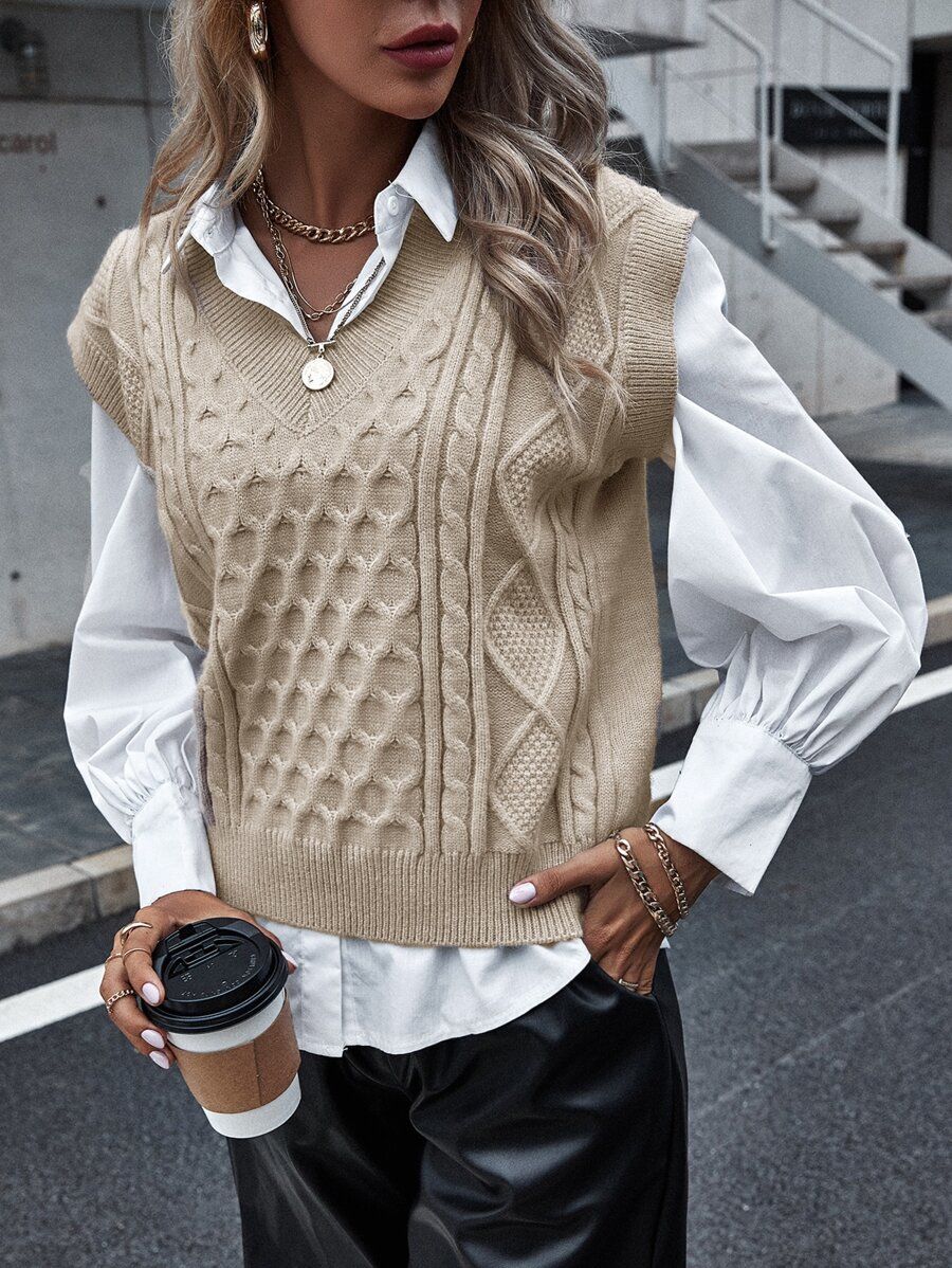 Solid Cable Knit Sweater Vest | SHEIN