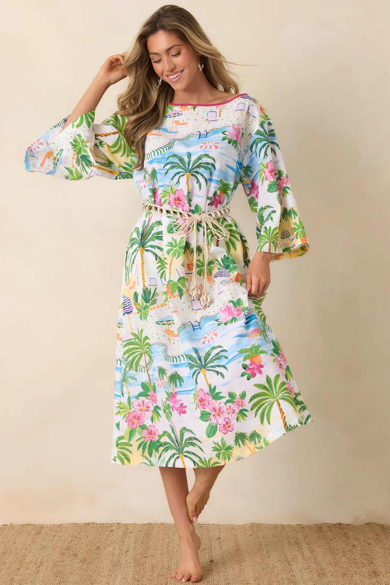 Paradisa Sarasota Pink Multi Cotton Linen Poolside Print Caftan Dress | Red Dress