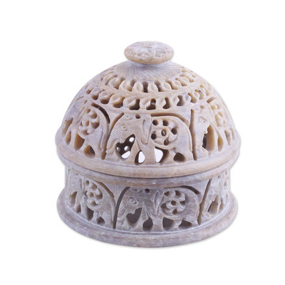 Elephant-Themed Soapstone Decorative Jar from India | NOVICA