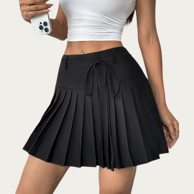 Anna-Kaci Women's Pleated Mini Skirt with Structured Waistband Adjustable Tie Detail and Crisp Folded Panels - Small, Black | Target