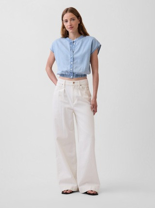 Denim Cap-Sleeve Crop Button-Front Top | Gap (US)