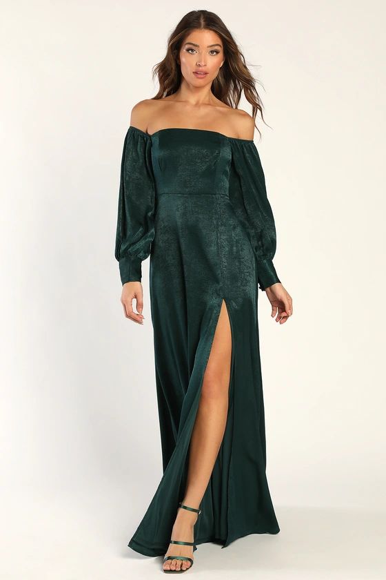 Always Cherished Emerald Satin Off-the-Shoulder Maxi Dress | Lulus (US)