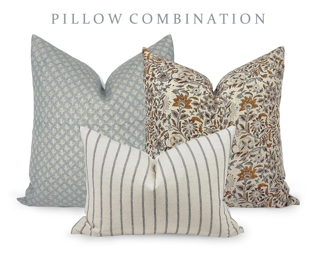 PILLOW COMBO | Spring Pillow Combination, Blue Neutral Pillow, Floral Blue Pillow, Black Stripe P... | Etsy (US)