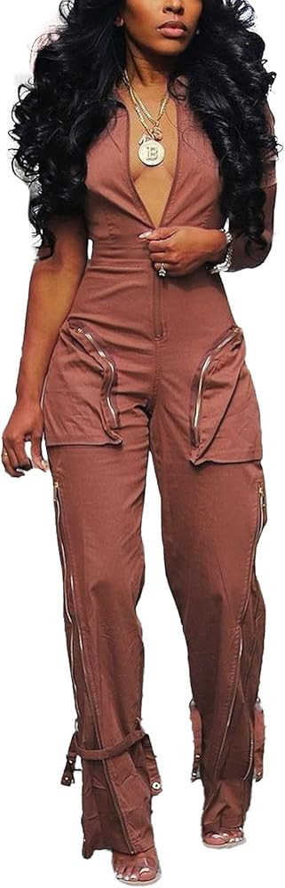 DINGANG Womens Casual Cargo Jumpsuit Short Sleeve V Neck Zip Up Romper Wide Leg Pants Overalls | Amazon (US)