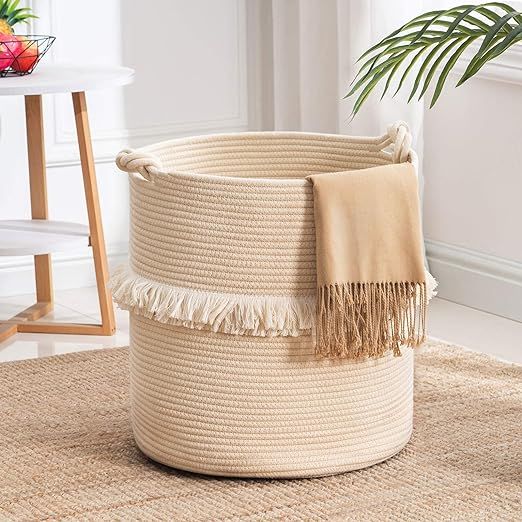 YOUDENOVA Large Woven Rope Storage Basket, Baby Nursery Hamper for Toy&Clothes, White Decorative ... | Amazon (US)