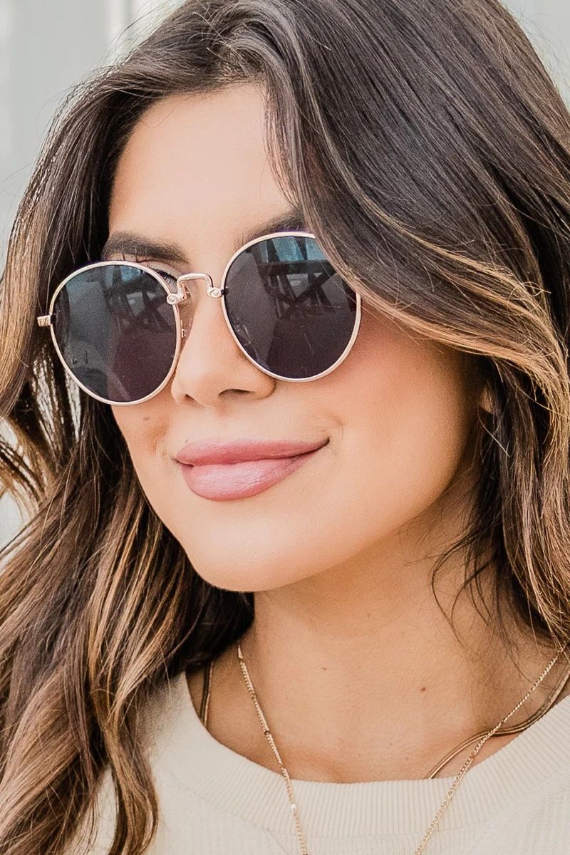 Find A Direction Gold Round Sunglasses | Pink Lily