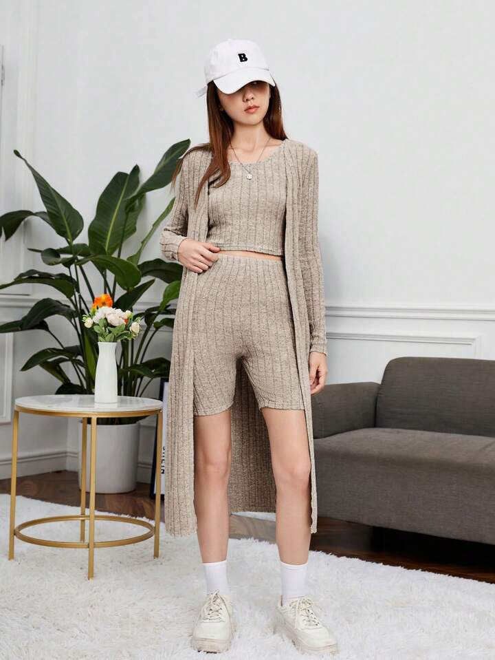 SHEIN Teen Girls Solid Tank Top & Biker Shorts & Coat | SHEIN