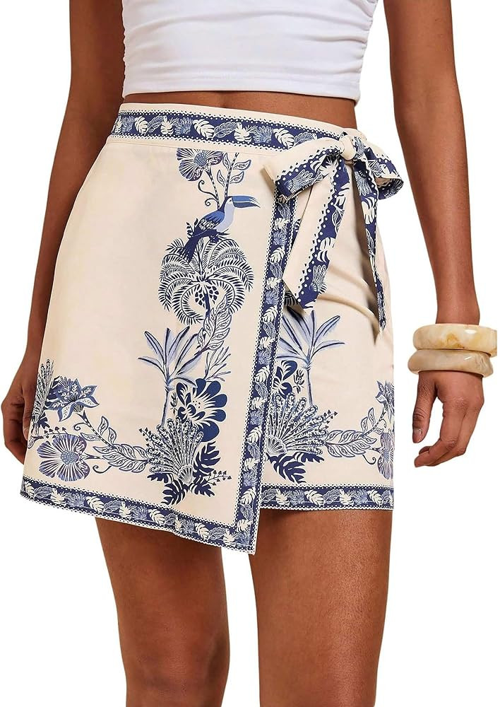 Womens Wrap Mini Skirt Summer Boho Floral Tropical Print Skirts Casual Beach Vacation Outfits Short Skirts | Amazon (US)